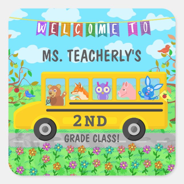 Teacher Classroom Welcome | Cute Animals on Bus Square Sticker (Front)