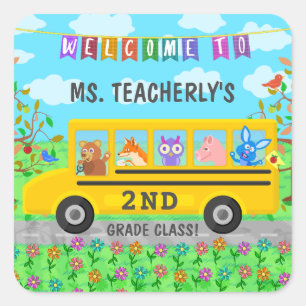Teacher Classroom Welcome   Cute Animals on Bus Square Sticker