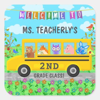 Teacher Classroom Welcome | Cute Animals On Bus Square Sticker by HaHaHolidays at Zazzle