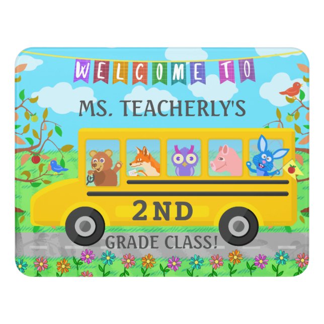Teacher Classroom Welcome Sign Cute Animals on Bus (Contemporary Front)