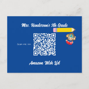 Teacher Classroom Wish List QR Code Monkey Postcard