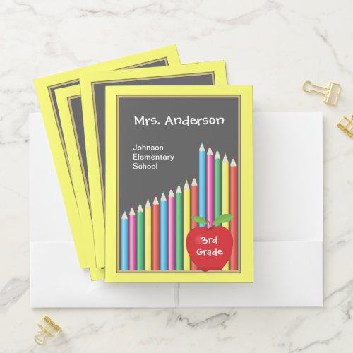 Teacher Colored Pencils Apple Pocket Folder - This teacher's notebook features a chalkboard background accented with bright colored pencils and a traditional red apple. Custom text allows you to add teachers name, school and grade level. It's a perfect item for any elementary teacher.