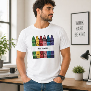Teacher Colorful Crayon Box Split Name Classroom T-Shirt
