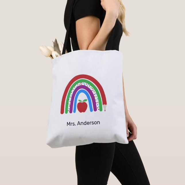 Teacher Colorful Cute Rainbow Tote Bag (Close Up)