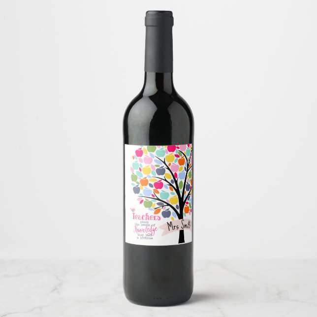 Teacher Colourful Apple Tree Wine Label – Thank  (Front)