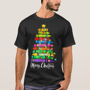 Teacher Crayon Merry Christmas Tree Lights School T-Shirt