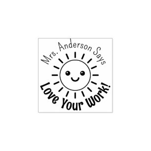 Teacher Custom Name Cute Kawaii Sun Love Your Work Rubber Stamp