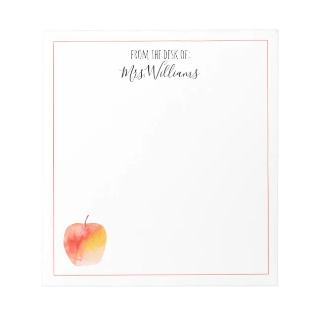 Teacher Custom Name Gift Watercolor Apple Notepad | Zazzle