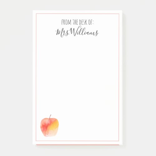 Teacher Custom Name Gift Watercolor Apple Post_it Notes