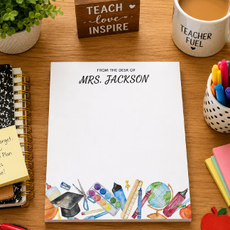 Teacher Custom Name Watercolor School Supplies Notepad