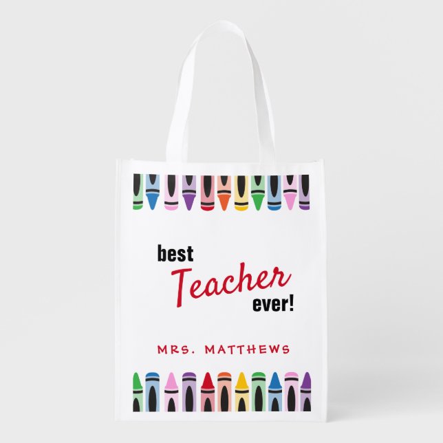 Teacher Cute Rainbow Color Crayon Gift Grocery Bag (Front)