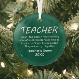 Teacher Definition word art add name year Glass Ornament