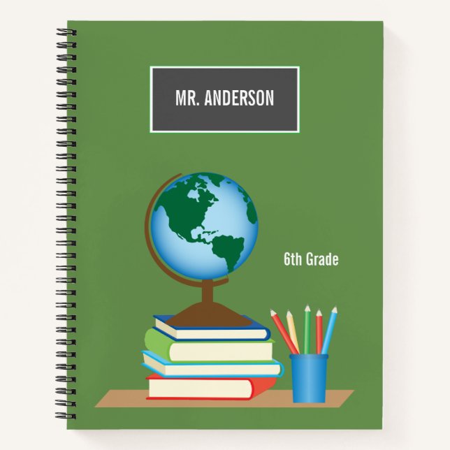 Teacher Desk World Globe Stack of Books Notebook (Front)