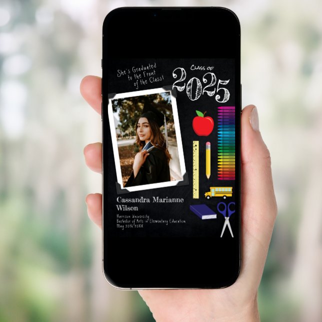 Teacher Education Chalkboard Graduation Portrait Invitation (Front Digital)