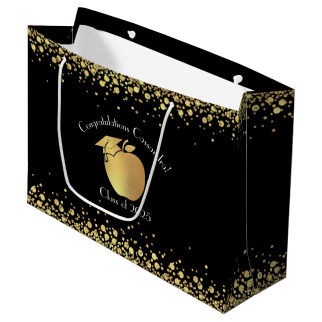 Teacher Education Graduation Black Gold Large Gift Bag (Front Angled)