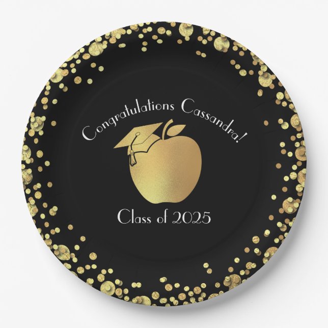 Teacher Education Graduation Black Gold Paper Plates (Front)