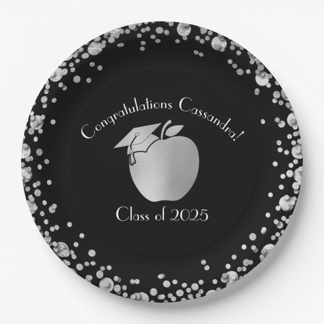 Teacher Education Graduation Black Silver Paper Plates (Front)