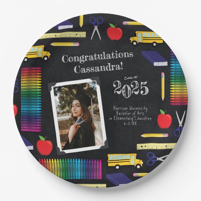 Teacher Education Graduation Chalkboard Portrait Paper Plates (Front)