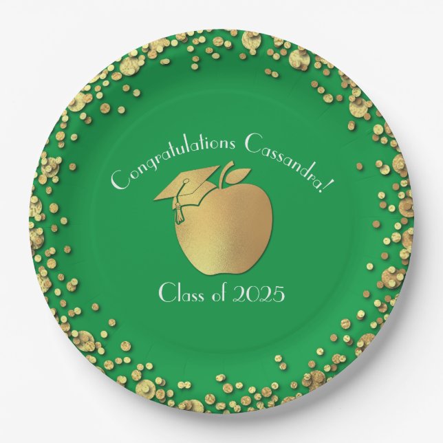 Teacher Education Graduation Green Gold Paper Plates (Front)