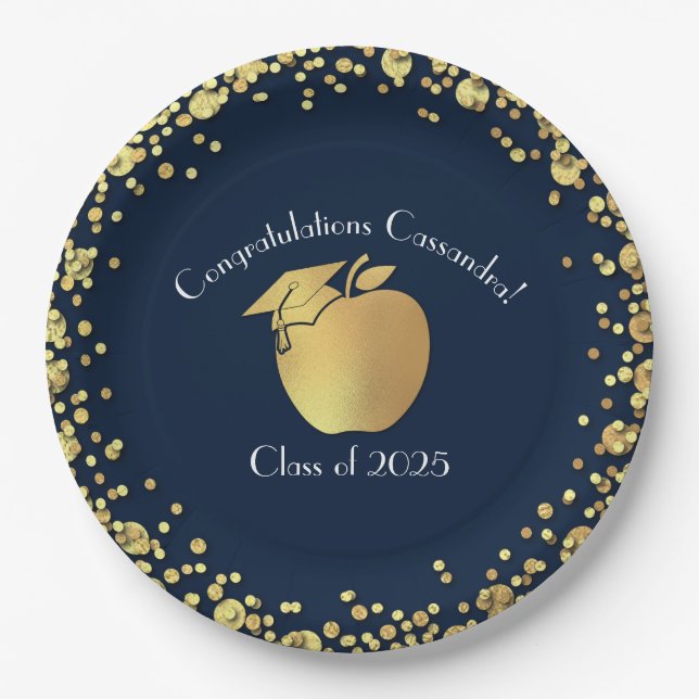Teacher Education Graduation Navy Blue Gold Paper Plates (Front)