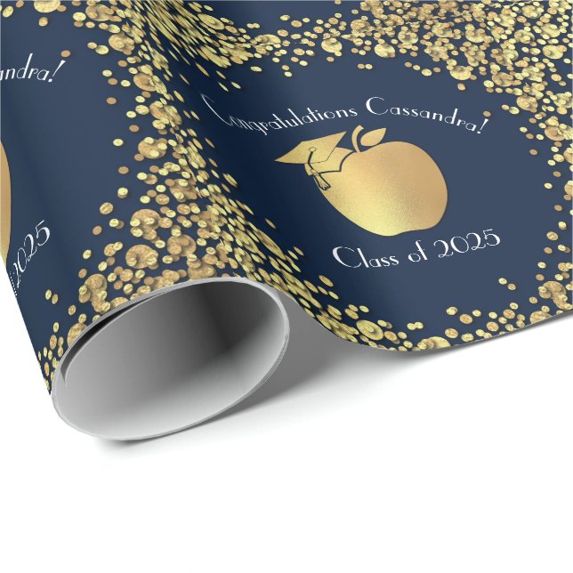 Teacher Education Graduation Navy Blue Gold Wrapping Paper (Roll Corner)