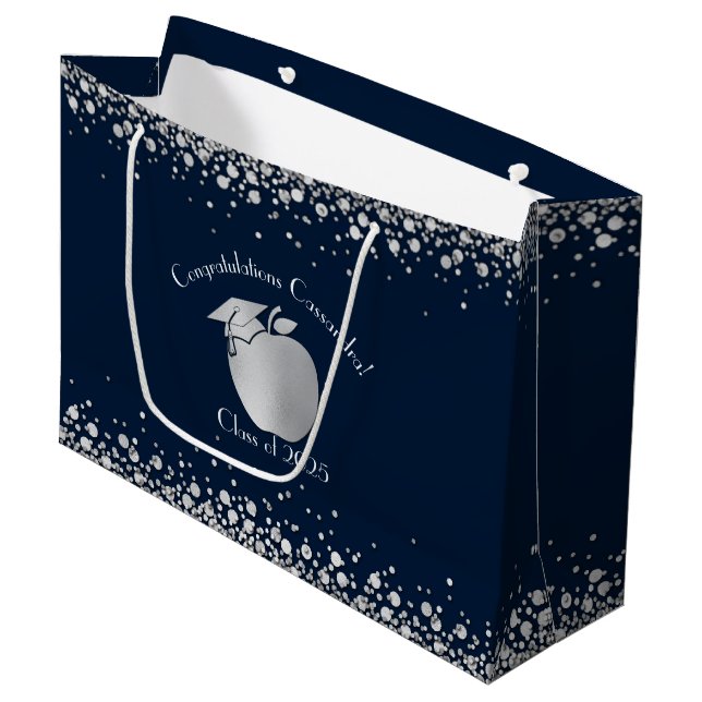 Teacher Education Graduation Navy Blue Silver Large Gift Bag (Front Angled)