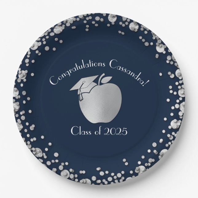 Teacher Education Graduation Navy Blue Silver Paper Plates (Front)