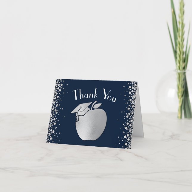 Teacher Education Graduation Navy Blue Silver Thank You Card (Front)