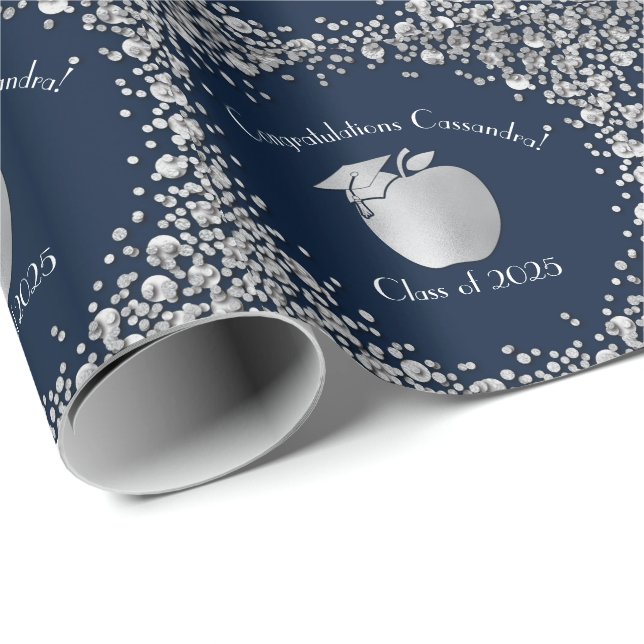 Teacher Education Graduation Navy Blue Silver Wrapping Paper (Roll Corner)