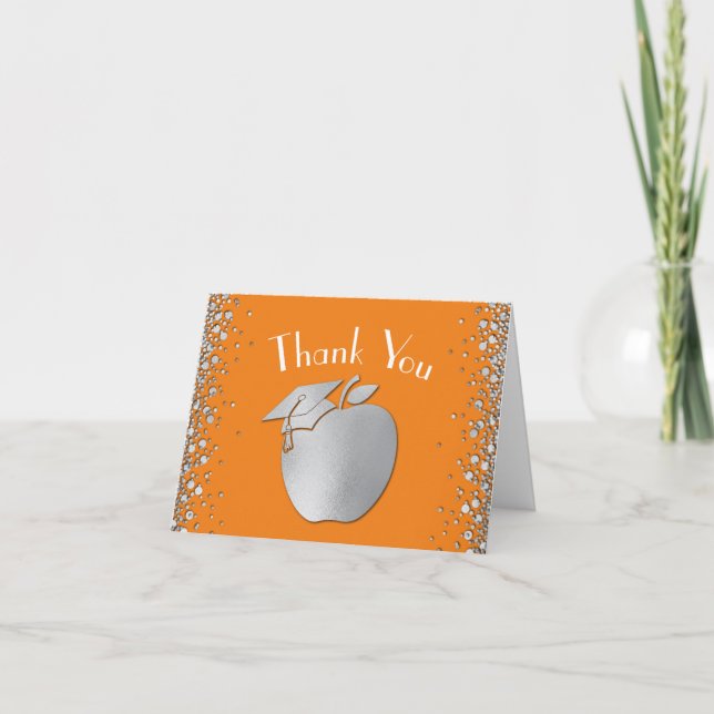 Teacher Education Graduation Orange Silver Thank You Card (Front)