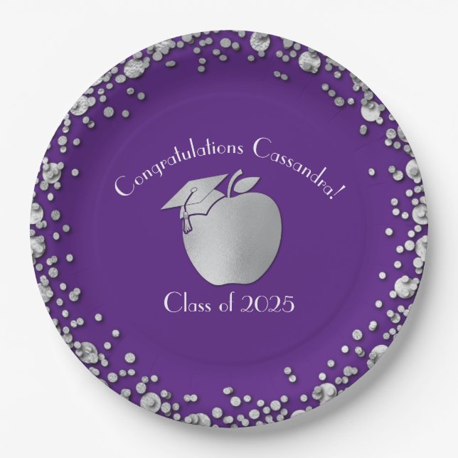 Teacher Education Graduation Purple Silver Paper Plates (Front)