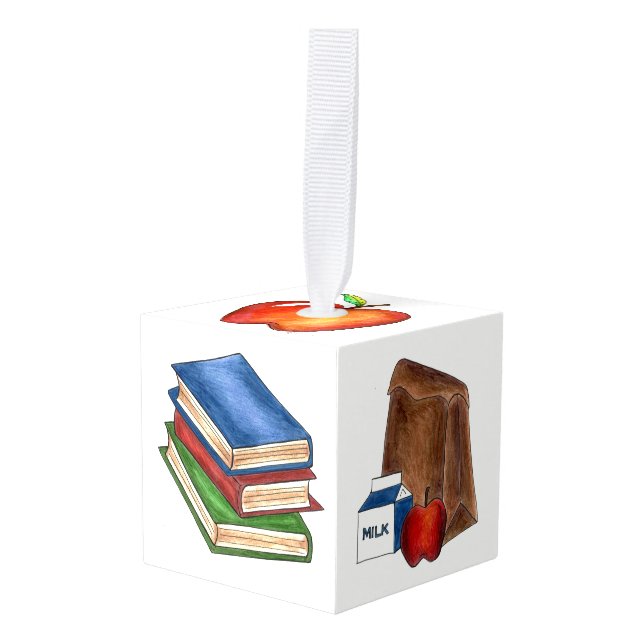 Teacher Education School Pencil Books Ruler Lunch Cube Ornament (Front Angled)