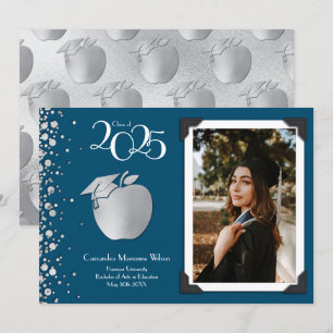 Teacher Education Silver Graduation Navy Blue Invitation