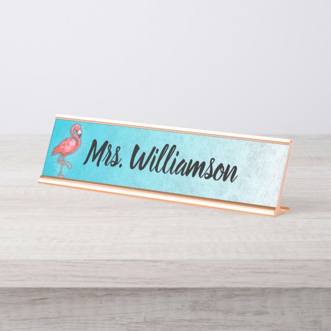 Teacher Educator Professional Pink Flamingo Blue Desk Name Plate (Front)