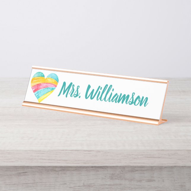 Teacher Educator Professional Rainbow Heart Desk Name Plate (Front)