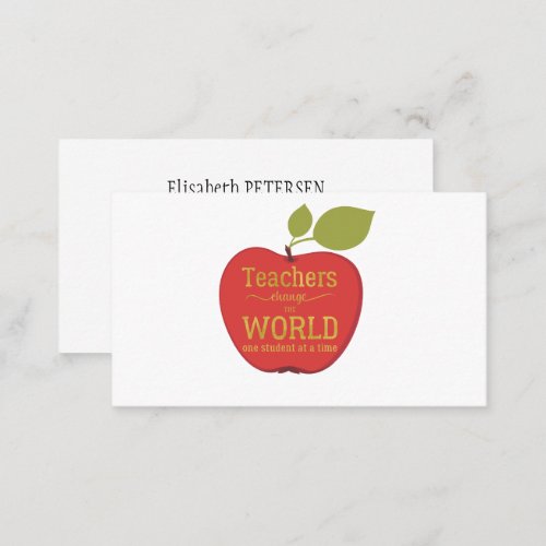 Teacher elegant red apple with quote gold script business card