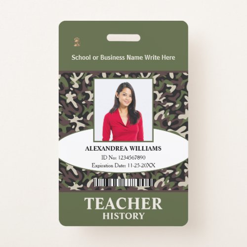 Teacher Employee Photo Name Camo Pattern ID Custom Badge