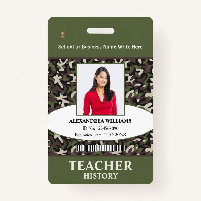 Teacher Employee Photo Name Camo Pattern ID Custom Badge (Front)