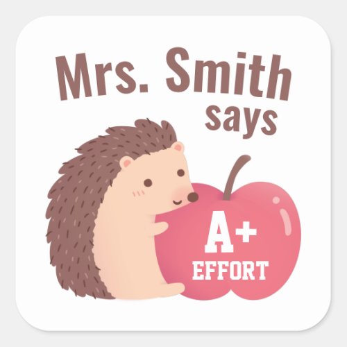 Teacher Encouragement Hedgehog and Apple Sticker