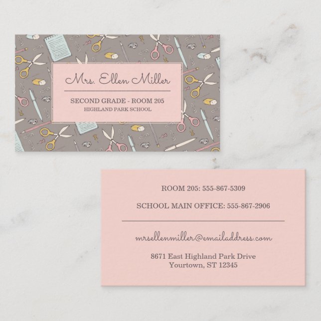 Teacher | Feminine Sketch Pink/Taupe School Business Card (Front/Back)