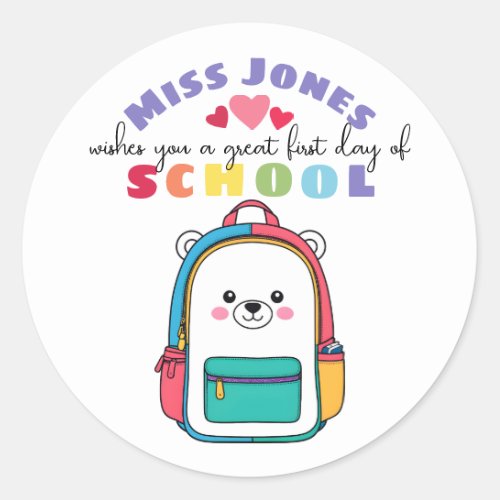 teacher first day of term class welcome cute bear classic round sticker