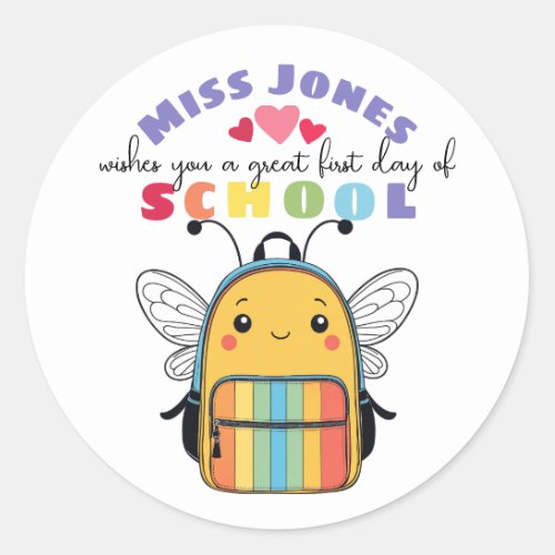 teacher first day of term class welcome cute bee classic round sticker