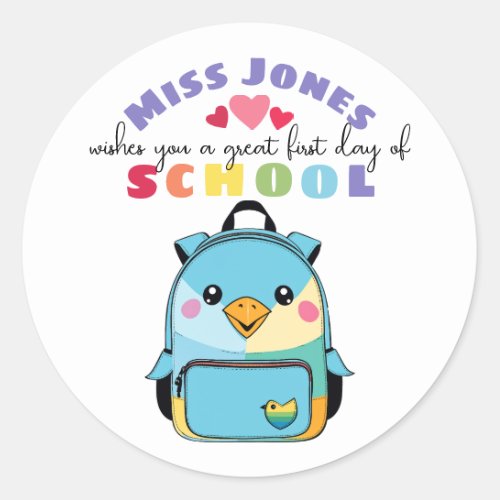 teacher first day of term class welcome cute bird classic round sticker