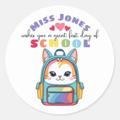 teacher first day of term class welcome cute cat classic round sticker