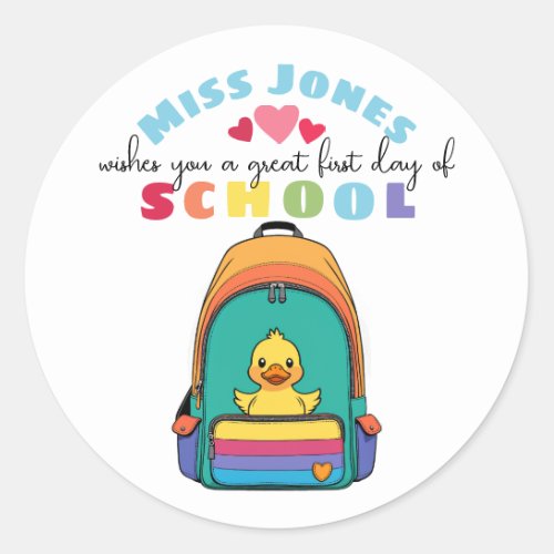 teacher first day of term class welcome cute duck classic round sticker