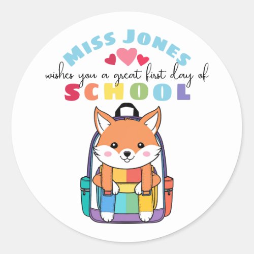 teacher first day of term class welcome cute fox classic round sticker