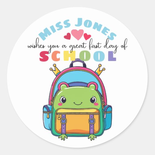 teacher first day of term class welcome cute frog classic round sticker