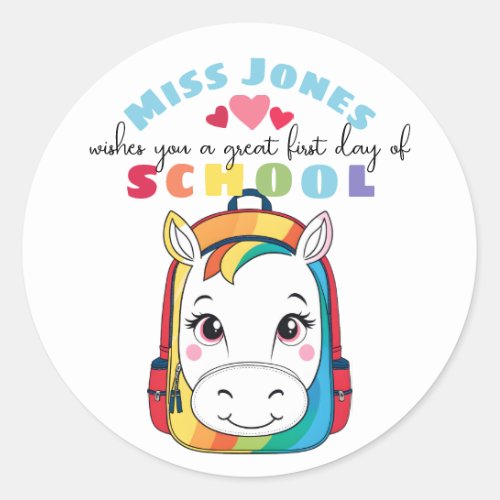 teacher first day of term class welcome cute horse classic round sticker