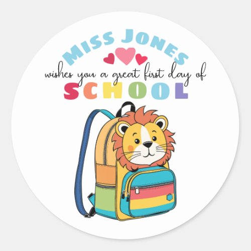 teacher first day of term class welcome cute lion classic round sticker