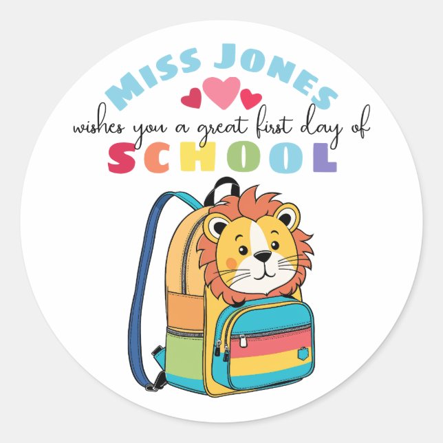 teacher first day of term class welcome cute lion classic round sticker (Front)
